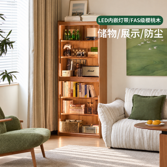 实木书柜现代简约书房展示柜樱桃木收纳玻璃柜置物柜