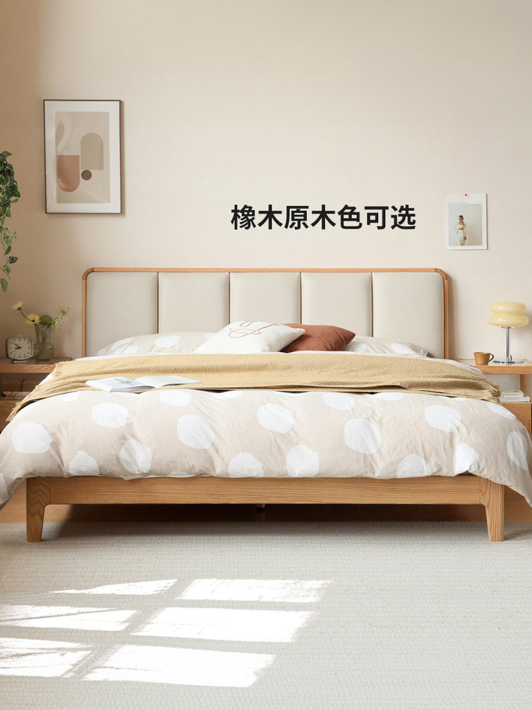 实木床现代简约真皮软包床橡木双人床卧室原木大床