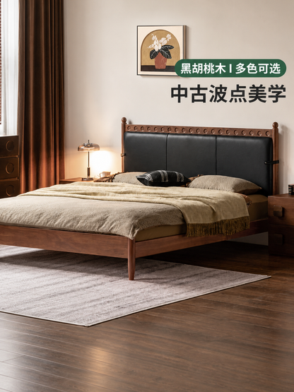 实木床法式复古软靠床卧室黑胡桃木双人床1米8真皮床