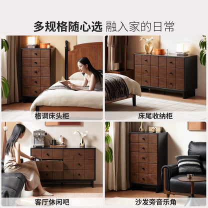 源氏木语实木床头柜卧室床尾抽屉柜中古风储物柜家用胡桃色边柜