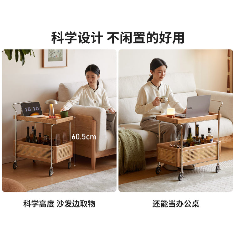 实木边几客厅现代简约双层置物小茶几藤编移动小推车