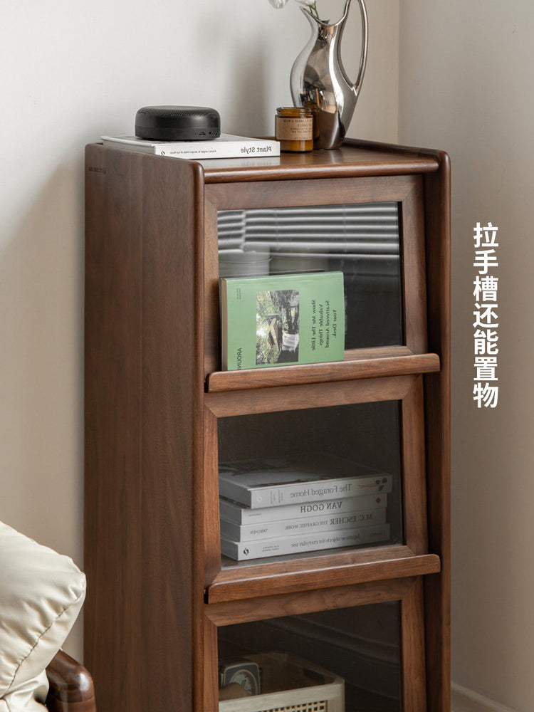 实木边柜现代简约客厅玻璃翻门展示柜黑胡桃木高脚置物柜