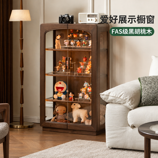 实木边柜客厅黑胡桃木手办柜带灯展示柜复古落地置物柜