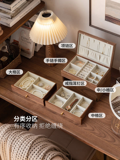实木首饰盒耳环项链大容量收纳盒轻奢高档黑胡桃木珠宝盒