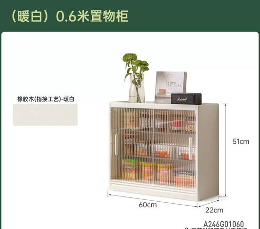 实木桌面置物柜奶油风杯架简约茶水柜玻璃移门柜子