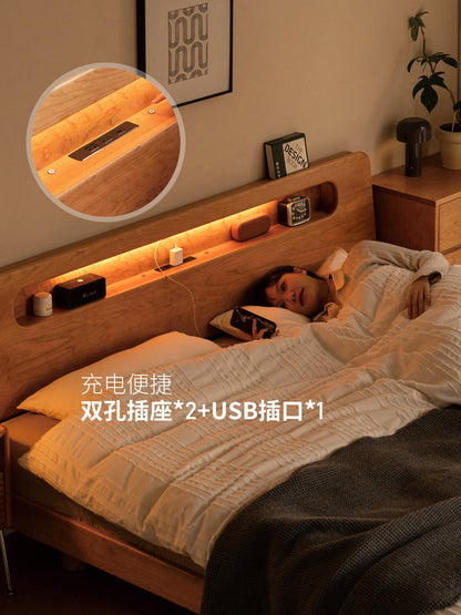 实木床复古樱桃木悬浮床双人床大床卧室带插座夜光床