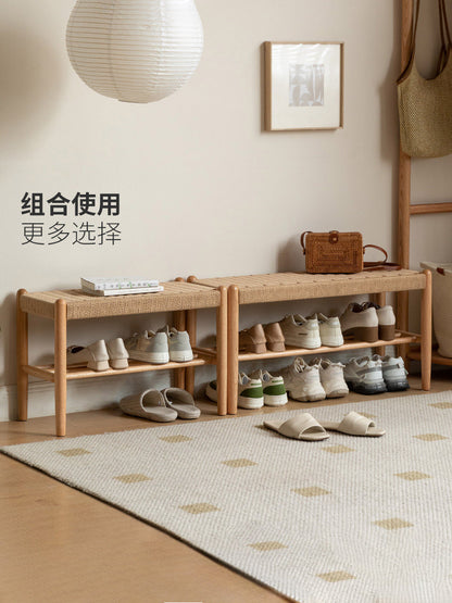 实木绳编换鞋凳现代简约客厅入户双层鞋架小户型休闲矮凳