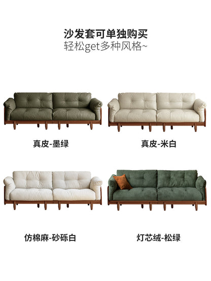 实木客厅中古风黑胡桃三人位沙发小户型真皮沙发