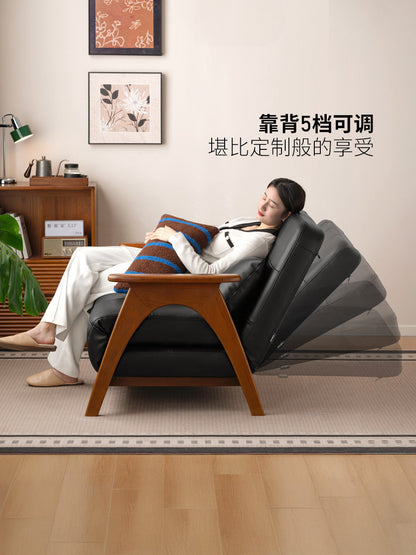 实木沙发床折叠两用客厅中古风沙发椅小户型黑色单人躺椅