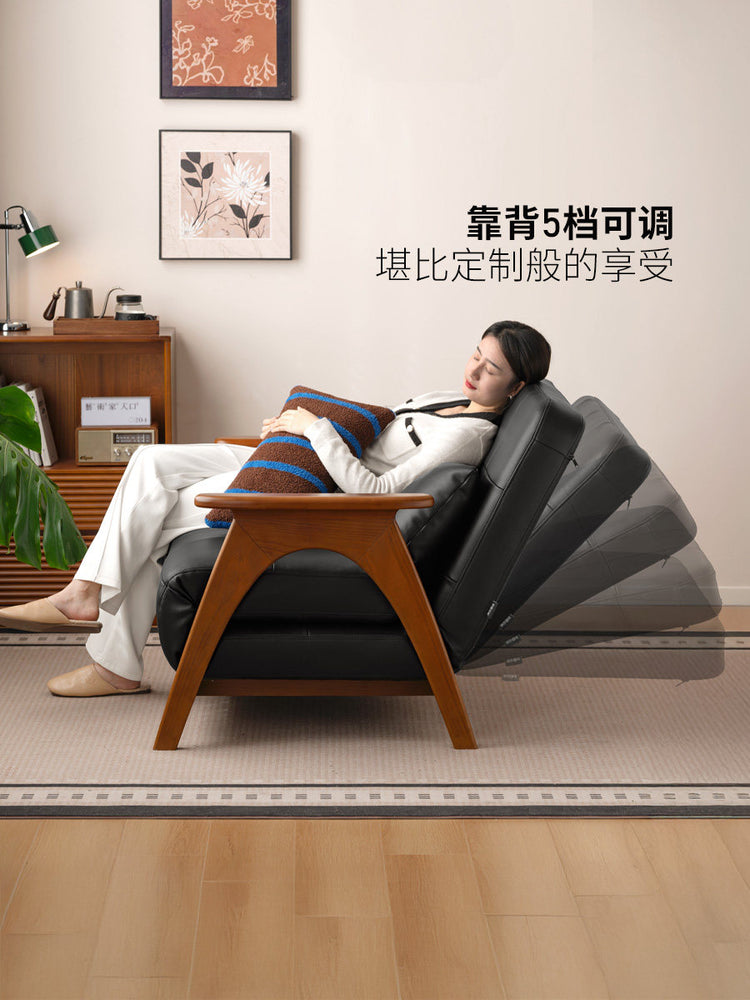 实木沙发床折叠两用客厅中古风沙发椅小户型黑色单人躺椅