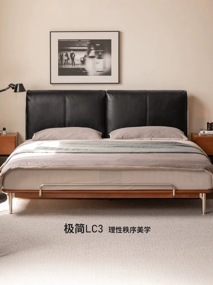 真皮床卧室包豪斯头层牛皮软靠床中古风高靠背双人床