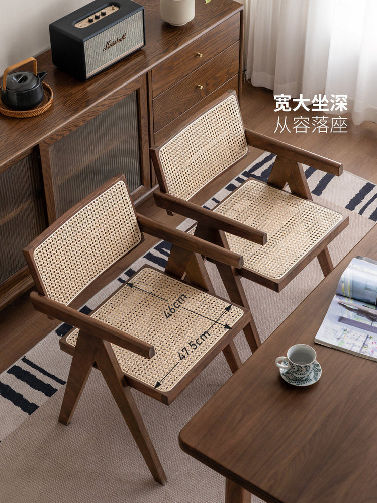 实木餐椅黑胡桃木扶手椅餐厅侘寂风藤编椅靠背椅子