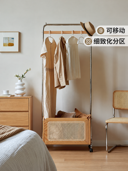 实木衣帽架藤编复古带轮子挂衣架卧室多功能收纳置物架