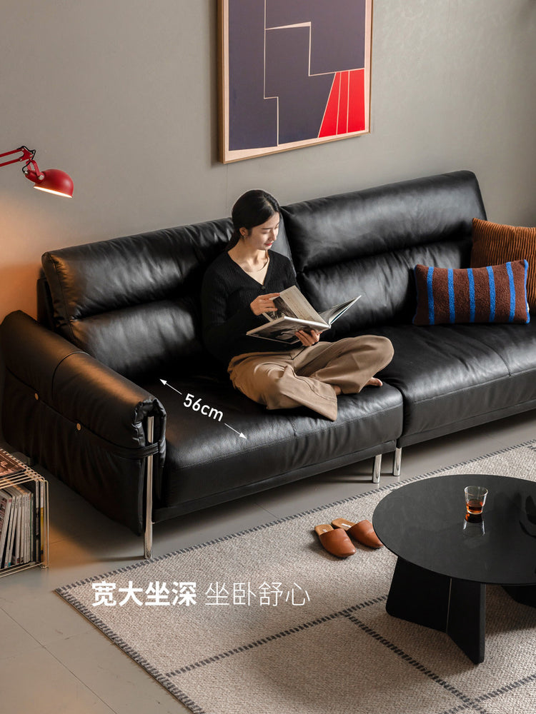 真皮沙发客厅包豪斯头层牛皮高靠背黑色直排沙发
