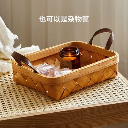 手工木片编织篮日式蔬菜水果篮双耳手提面包篮杂物收纳筐