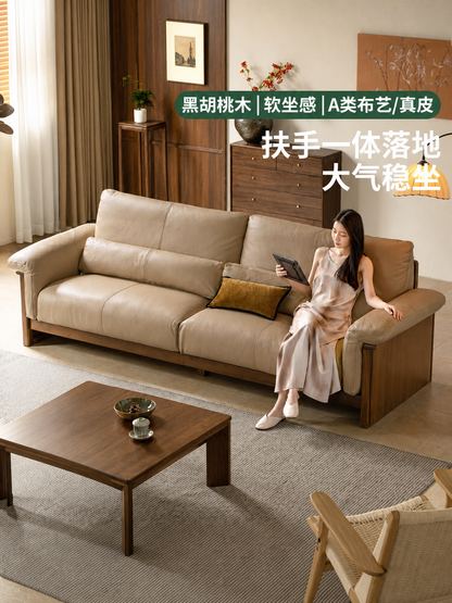 实木客厅意式轻奢真皮沙发黑胡桃木高靠背沙发