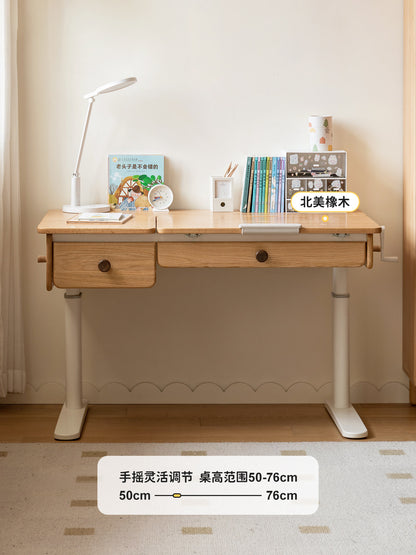 纯实木儿童学习桌可升降手摇书桌小学生写字桌子椅子套装