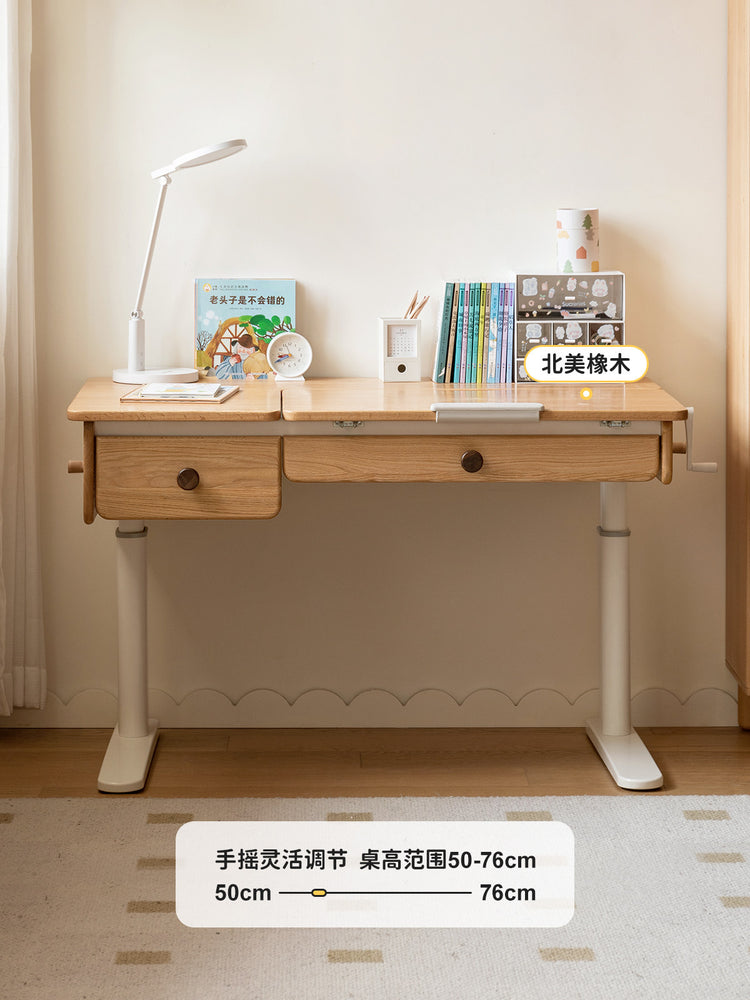 纯实木儿童学习桌可升降手摇书桌小学生写字桌子椅子套装
