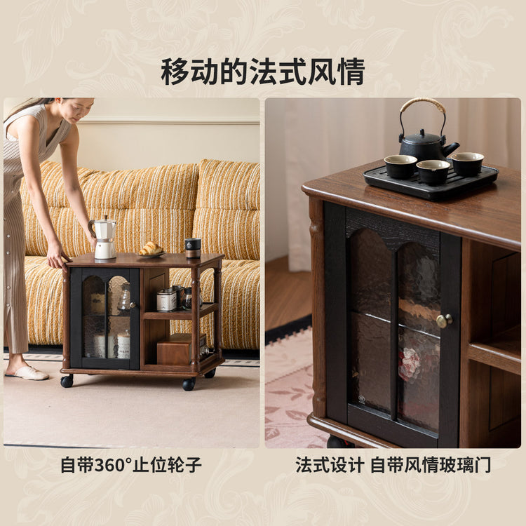 实木边几客厅法式复古收纳储物角几橡木小户型移动推车