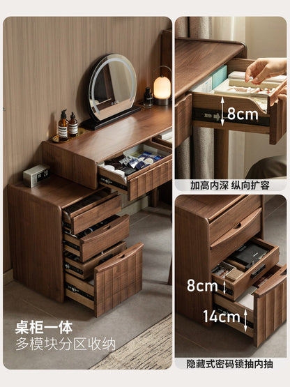 实木化妆桌卧室轻奢黑胡桃木梳妆台密码锁伸缩化妆台