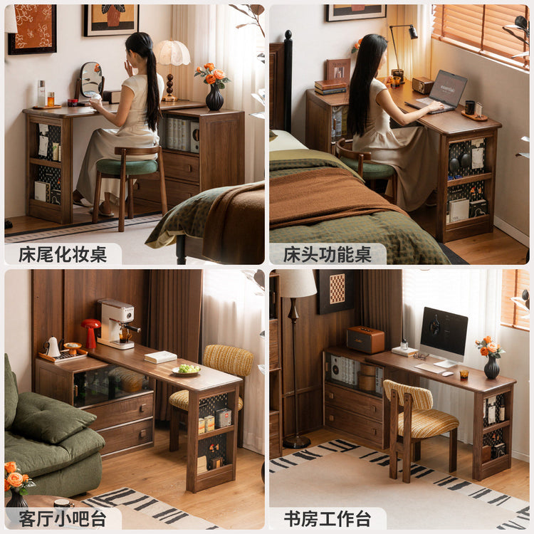实木书桌书柜一体黑胡桃木书房转角办公桌中古风化妆桌