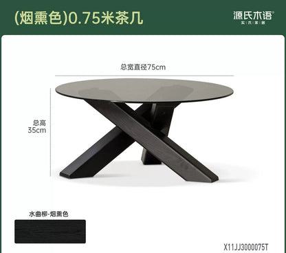 实木茶几客厅意式轻奢玻璃圆几小户型黑色创意茶台