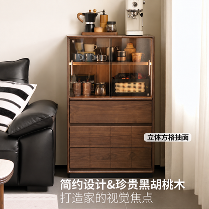 实木边柜客厅现代简约收纳储物柜黑胡桃木落地带灯展示柜