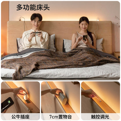 实木床现代简约双人床卧室大床多功能夜光床硬枫木大板床