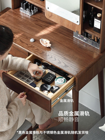 实木化妆桌镜子遮挡简约梳妆台卧室收纳柜一体伸缩化妆台