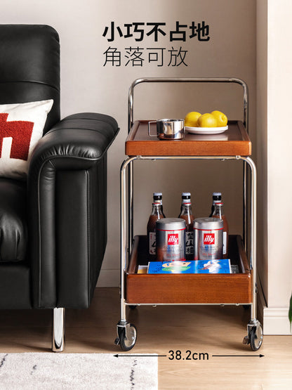 实木边几客厅中古风双层收纳小茶几小户型移动小推车