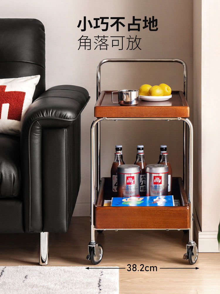 实木边几客厅中古风双层收纳小茶几小户型移动小推车