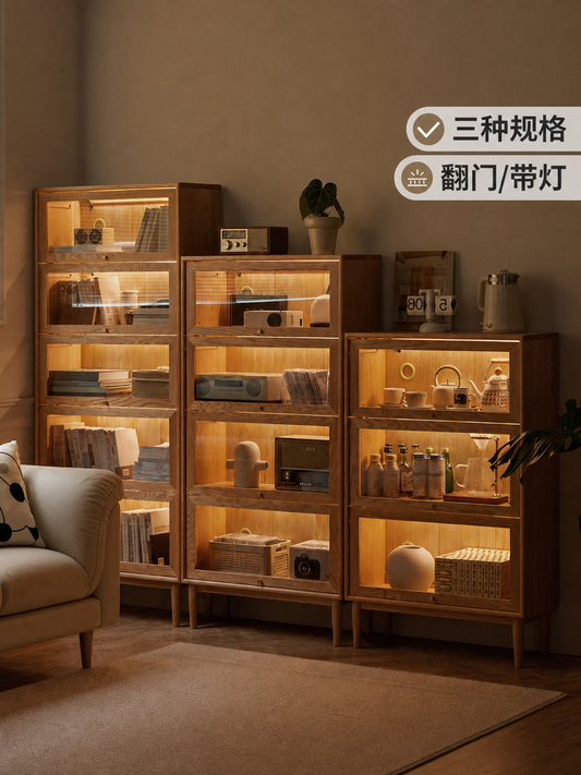 实木书柜简约橡木多层翻门餐边柜小户型收纳玻璃柜子