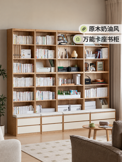 实木书房奶油风卡座橡木置物柜落地组合书柜