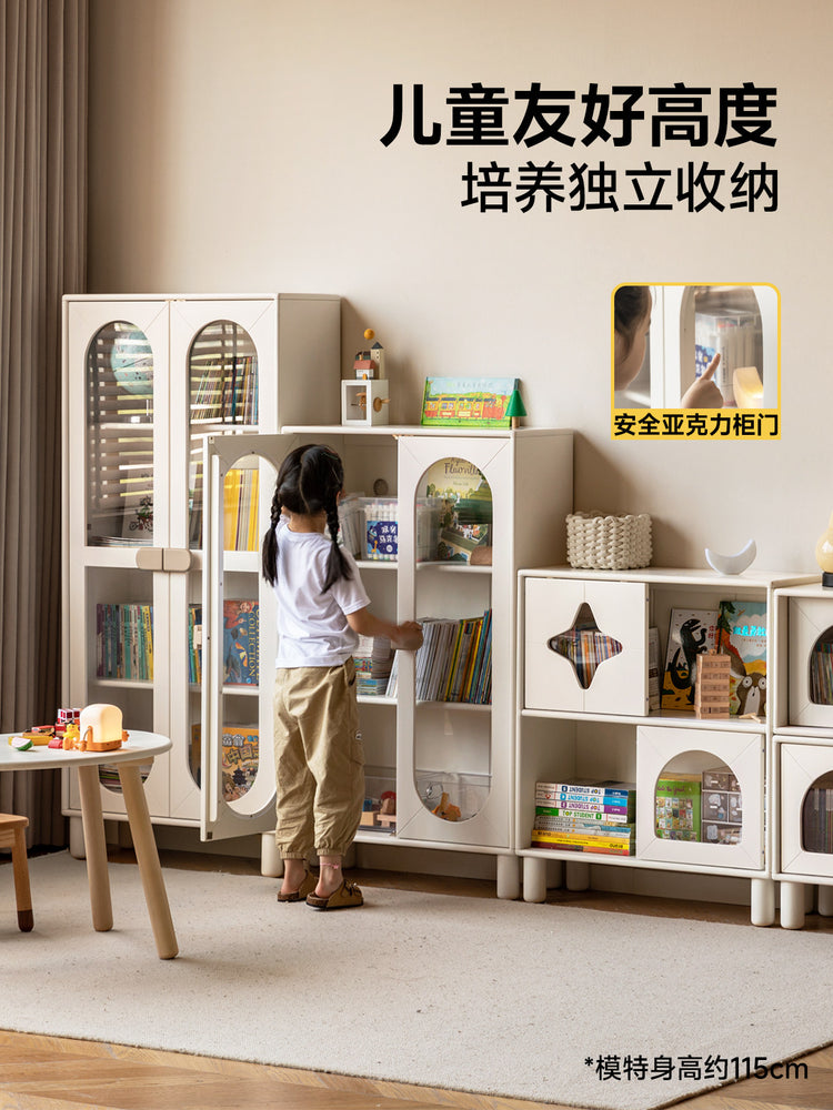 实木儿童书柜奶油风落地一体靠墙置物架白色收纳储物柜
