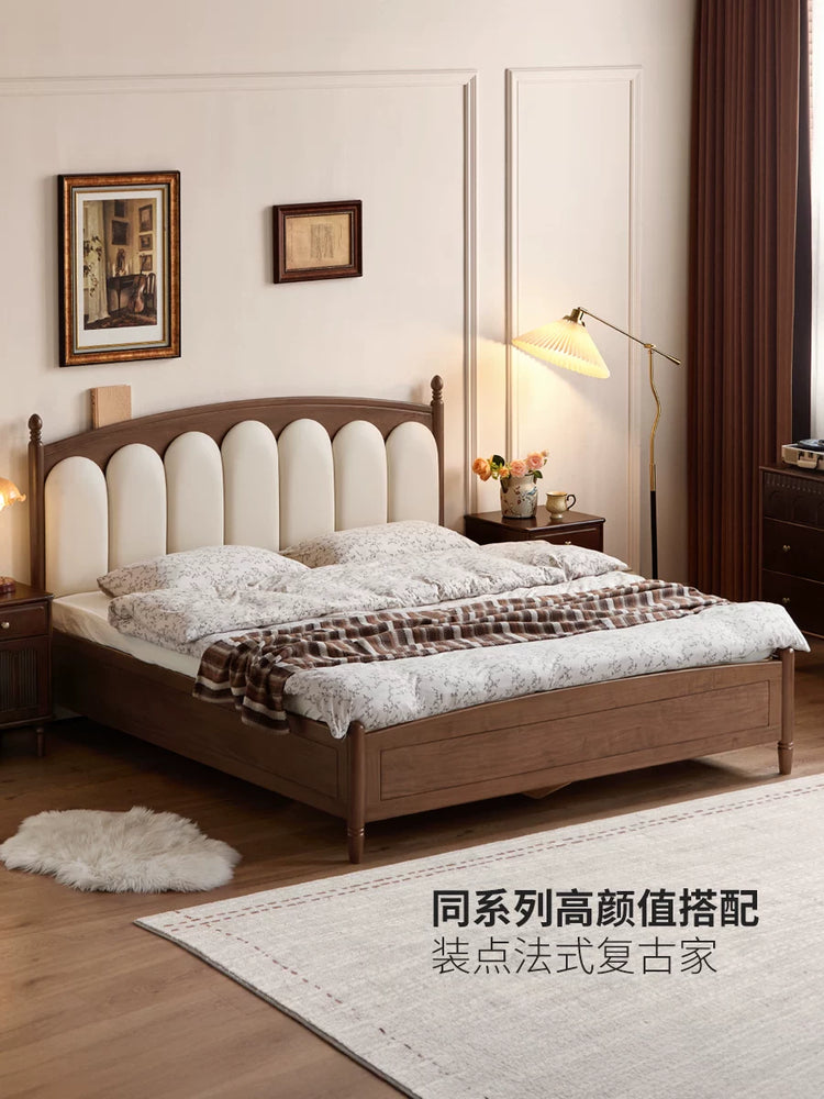实木床法式复古真皮床卧室黑胡桃木琴键床离地箱体床