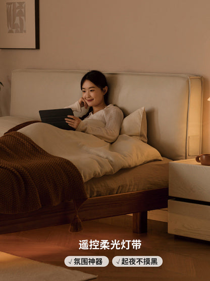 实木床真皮床简约黑胡桃木双人床家居豆腐块床带灯悬浮床