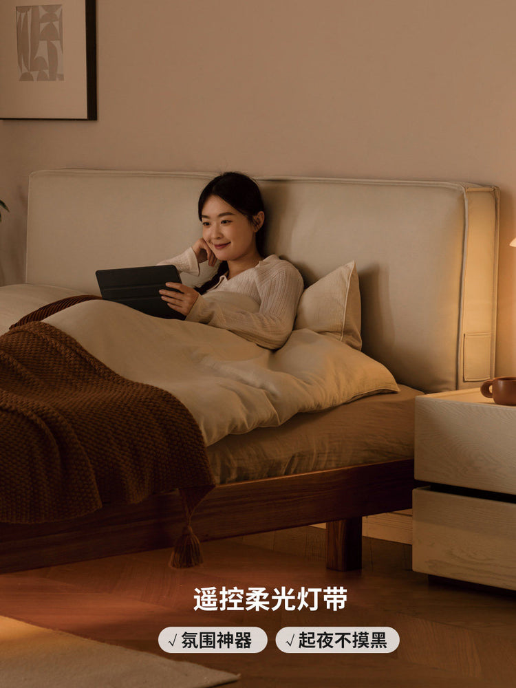 实木床真皮床简约黑胡桃木双人床家居豆腐块床带灯悬浮床