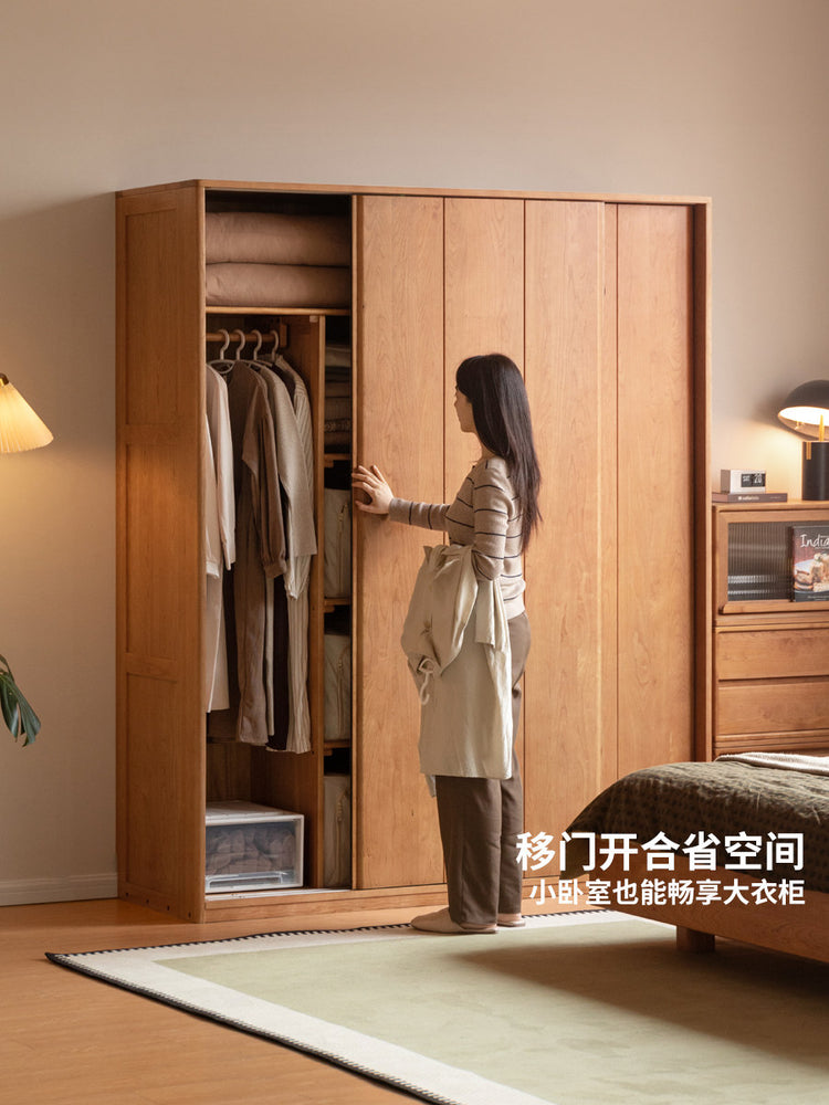 实木衣柜卧室樱桃木储物柜推拉门全挂式现代简约衣橱