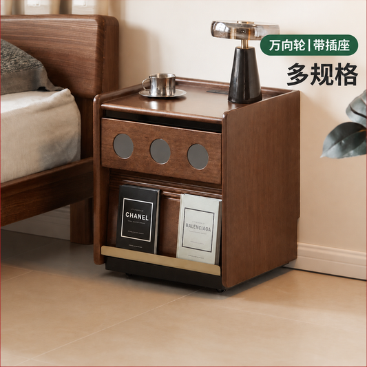 实木床头柜卧室复古移动储物柜胡桃色带插座收纳柜