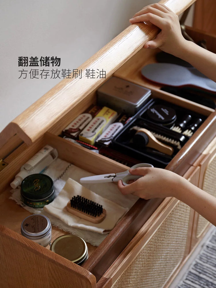 原木风换鞋凳门口穿鞋凳日式藤编鞋柜坐凳一体可储物