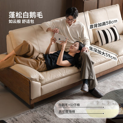实木简约客厅黑胡桃高靠背真皮沙发豆腐块沙发