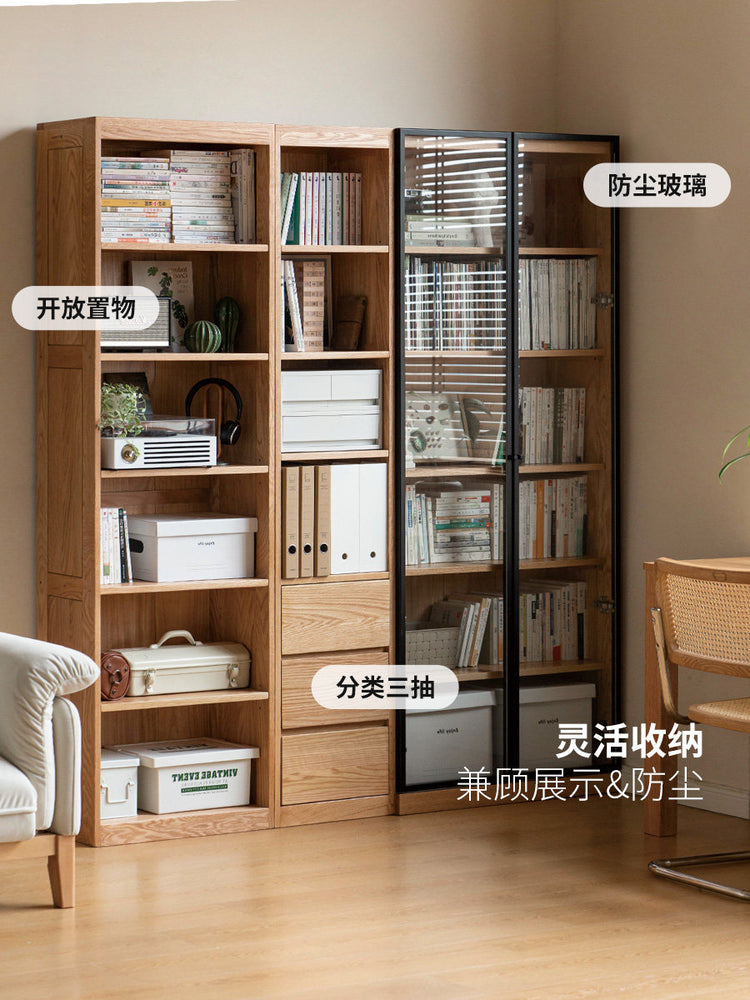 实木书柜简约现代书房家具橡木置物柜客厅带玻璃门展示柜