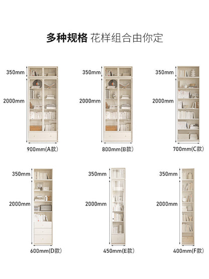 实木组合书柜一体整墙玻璃门落地书架奶油风白色置物柜