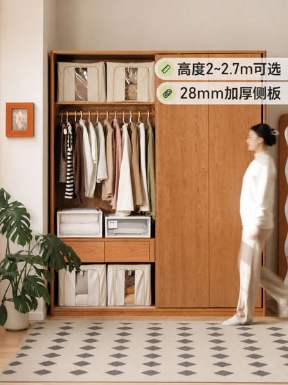 实木移门衣柜卧室推拉门大衣橱复古樱桃木滑门柜子