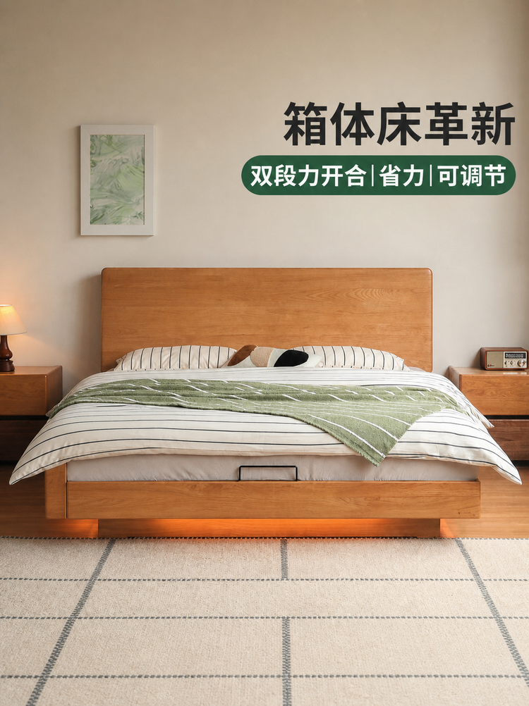 实木床现代简约樱桃木悬浮床卧室箱体床多功能储物床