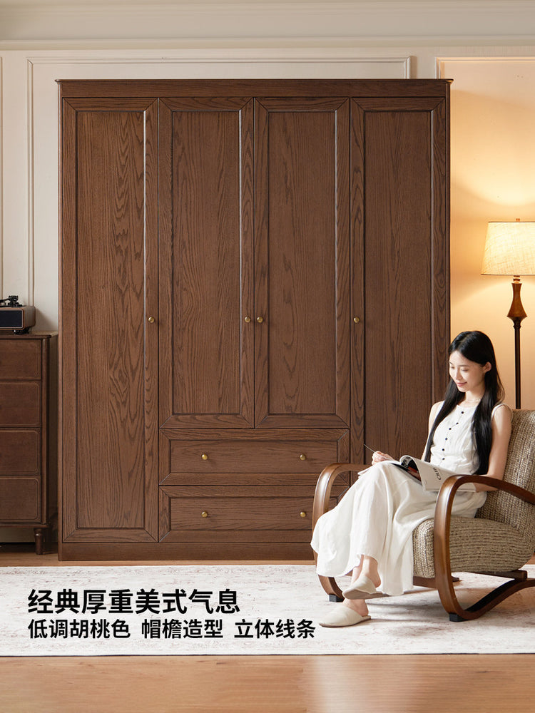 实木衣柜美式复古橡木衣橱卧室胡桃色储物柜收纳柜