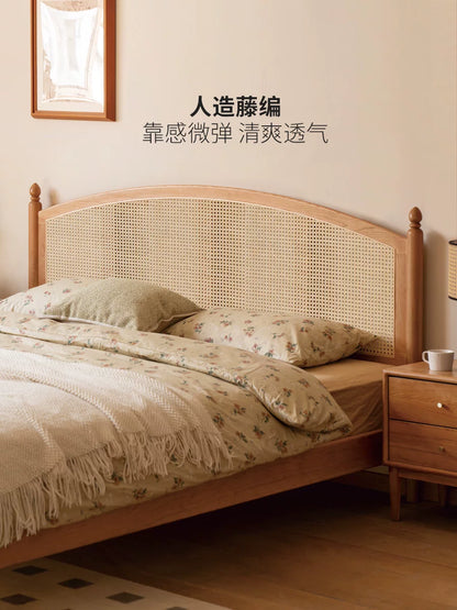 实木床樱桃木复古藤编床简约双人床卧室藤艺家具大床
