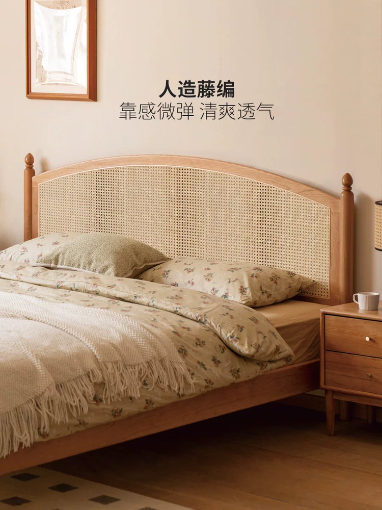 实木床樱桃木复古藤编床简约双人床卧室藤艺家具大床