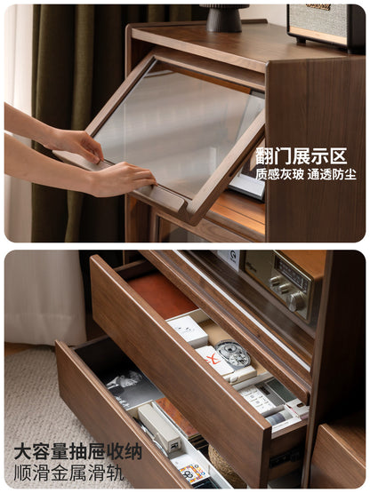 实木边柜客厅现代简约沙发翻门展示柜黑胡桃木落地书柜