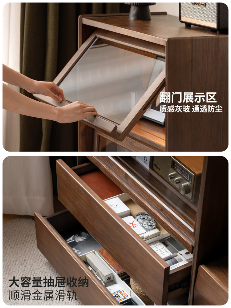 实木边柜客厅现代简约沙发翻门展示柜黑胡桃木落地书柜
